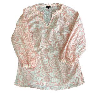 Talbots Women's XS Soft White Pink Floral  Cotton Long Sleeve Split Neck Blouse